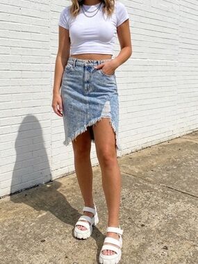 Guess Denim Asymmetric Raw Hem Y2K Vibes Midi Skirt